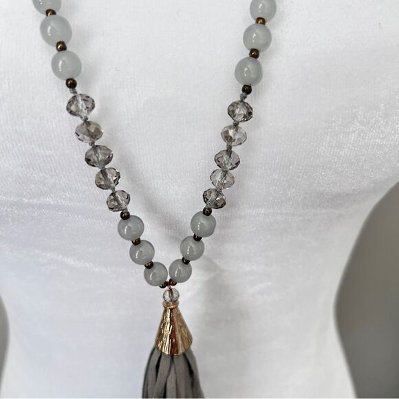 21” Boho Vintage Gray Suede Beaded Tassel Braided Long Necklace - Picture 4 of 7
